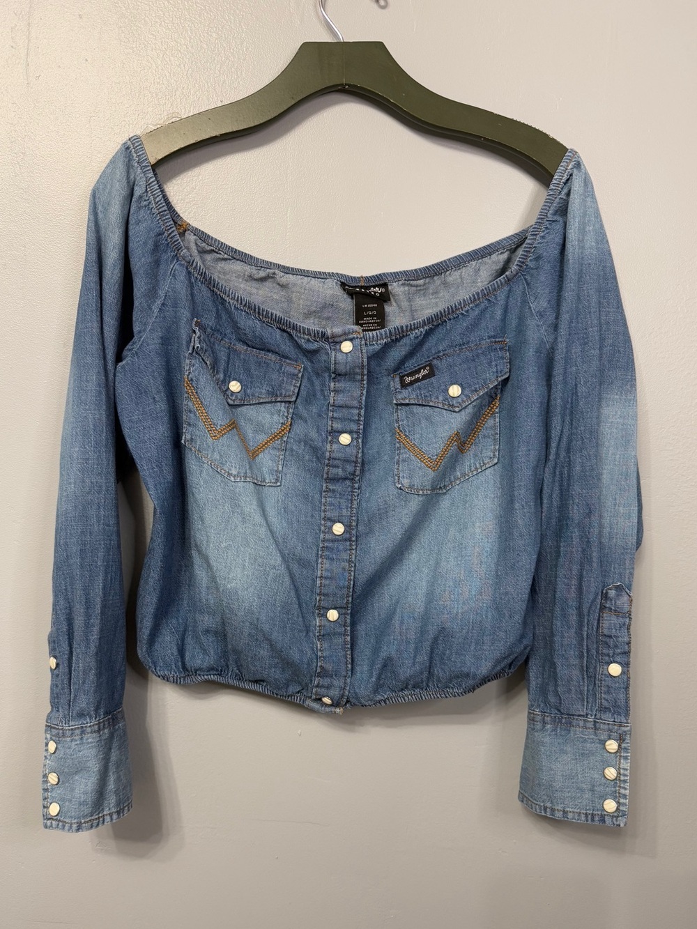 #17) Wrangler Light Blue Off-Shoulder Denim Button-Up Blouse